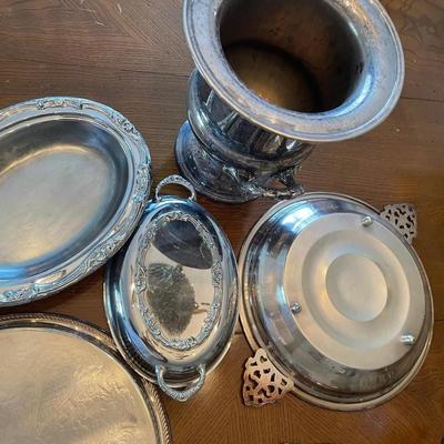 Multiple Silver Plate Trays and Ice Bucket