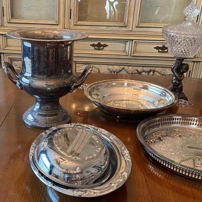 Multiple Silver Plate Trays and Ice Bucket
