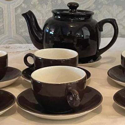 Six Tea Cups/Saucers and Tea Pot Hoganas Ceramic Stamped
