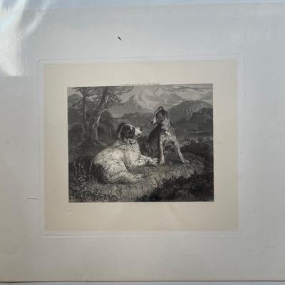Edward Landseer 1828 Lithograph "Two Dogs on a Grassy Bank", Print by Benjamin Phelps Gibson