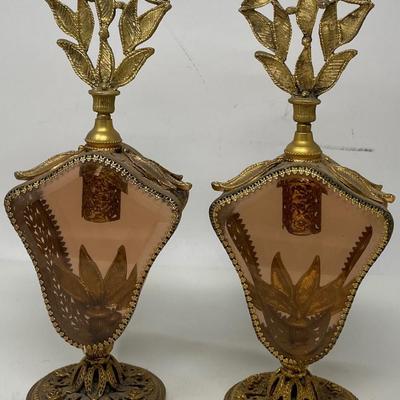 Twin Vintage Art Nouveau Style Cast Brass Perfume Bottle