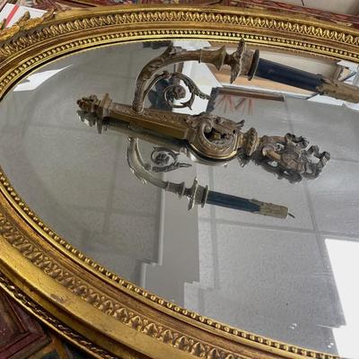 Gorgeous Large Figurine Gilt Louis VI Style Mirror w/ Candle Holder