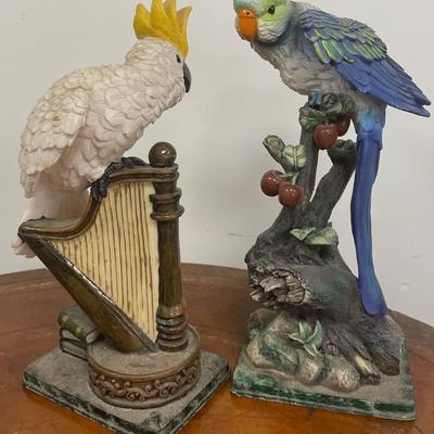 Two Vintage Tropical Parrot on Bench Figurines