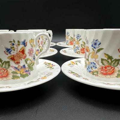 Vintage AYNSLEY - Cottage Garden, Bone China Demitasse Cups, Saucers, Creamer & Sugar