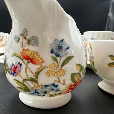 Vintage AYNSLEY - Cottage Garden, Bone China Demitasse Cups, Saucers, Creamer & Sugar