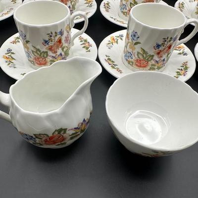 Vintage AYNSLEY - Cottage Garden, Bone China Demitasse Cups, Saucers, Creamer & Sugar