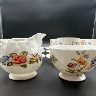Vintage AYNSLEY - Cottage Garden, Bone China Demitasse Cups, Saucers, Creamer & Sugar