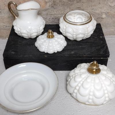 Guttate Milk Pitcher, Powder Box and Butter Dish