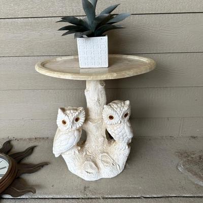 OWL BASE TABLE, FAUX PLANT AND WALL CLOCK BAROMETER