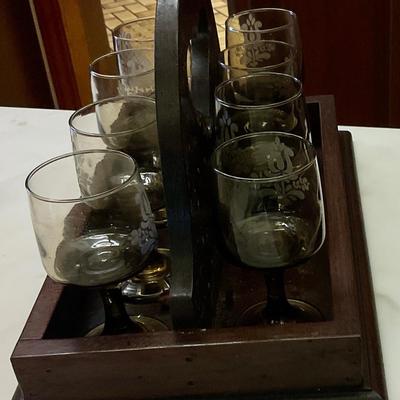 Pfaltzgraff Village glassware smoke color 8 stems and wooden carrier