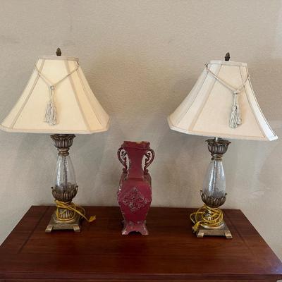 PAIR OF MATCHING LAMPS AND A METAL VASE