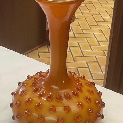 Blown Orange hobnail vase art glass