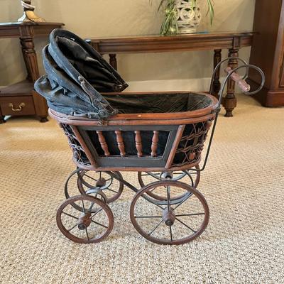 ANTIQUE REPLICA DOLL STROLLER AND WICKER BASKET