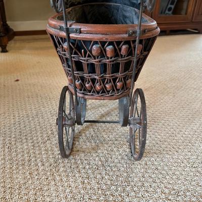 ANTIQUE REPLICA DOLL STROLLER AND WICKER BASKET