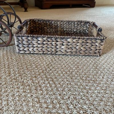 ANTIQUE REPLICA DOLL STROLLER AND WICKER BASKET