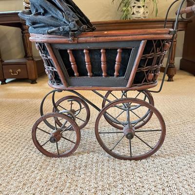 ANTIQUE REPLICA DOLL STROLLER AND WICKER BASKET