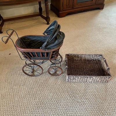 ANTIQUE REPLICA DOLL STROLLER AND WICKER BASKET