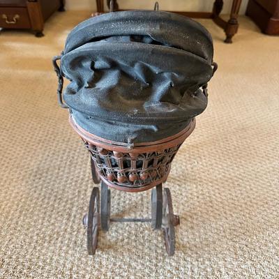 ANTIQUE REPLICA DOLL STROLLER AND WICKER BASKET