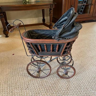 ANTIQUE REPLICA DOLL STROLLER AND WICKER BASKET