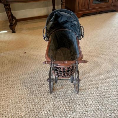 ANTIQUE REPLICA DOLL STROLLER AND WICKER BASKET