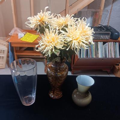 3 GLASS VASES WITH FAUX FLOWERS