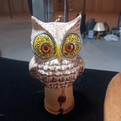 CERAMIC OWL WINDCHIME, WOODEN WALL SCONCE AND HAND CARVED OWL