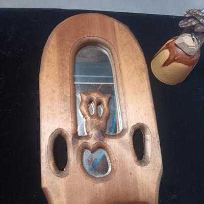 CERAMIC OWL WINDCHIME, WOODEN WALL SCONCE AND HAND CARVED OWL