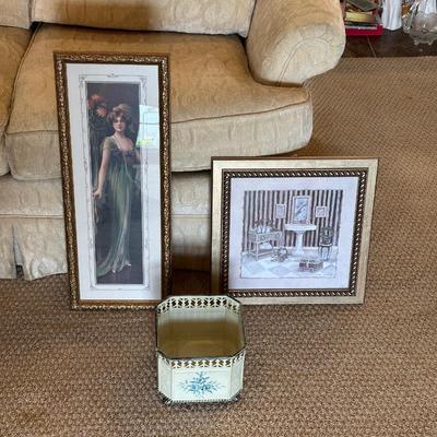 2 FRAMED PICTURES AND A METAL BASKET
