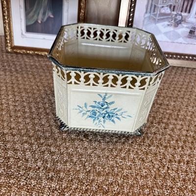 2 FRAMED PICTURES AND A METAL BASKET