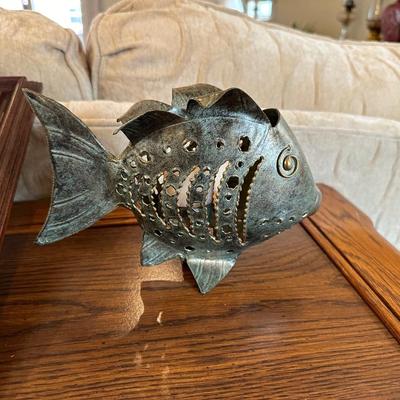 BRASS SAILBOAT, METAL FISH CANDLE HOLDER, BEACH SCENE PICTURE AND A HAWAIIAN TEA LIGHT