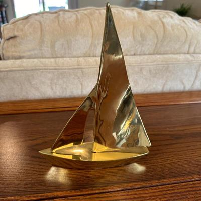 BRASS SAILBOAT, METAL FISH CANDLE HOLDER, BEACH SCENE PICTURE AND A HAWAIIAN TEA LIGHT