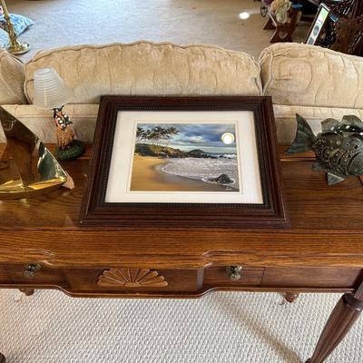 BRASS SAILBOAT, METAL FISH CANDLE HOLDER, BEACH SCENE PICTURE AND A HAWAIIAN TEA LIGHT