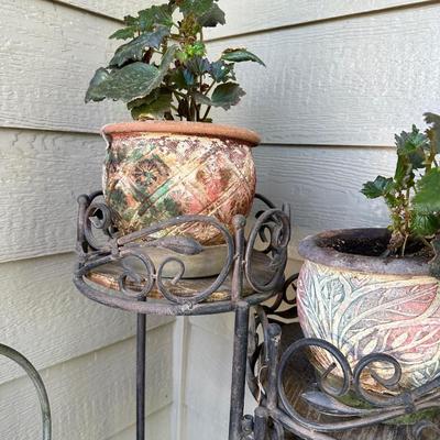 METAL PLANT STAND WITH LIVE PLANTS, CLOCK BAROMETER AND HANGING CANDLE LANTERN