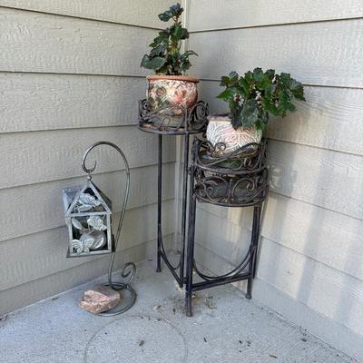 METAL PLANT STAND WITH LIVE PLANTS, CLOCK BAROMETER AND HANGING CANDLE LANTERN