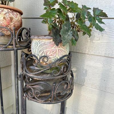 METAL PLANT STAND WITH LIVE PLANTS, CLOCK BAROMETER AND HANGING CANDLE LANTERN
