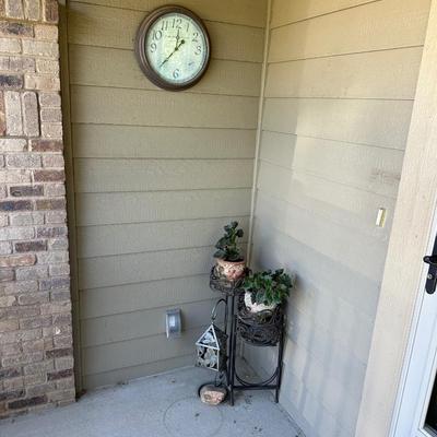 METAL PLANT STAND WITH LIVE PLANTS, CLOCK BAROMETER AND HANGING CANDLE LANTERN