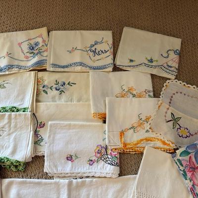 HAND EMBROIDERED PILLOWCASES AND DRESSER SCARVES