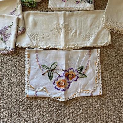 HAND EMBROIDERED PILLOWCASES AND DRESSER SCARVES