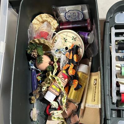 SEWING BASKET FULL OF NOTIONS AND CRAFT SUPPLIES PLUS A PAPER CUTTER