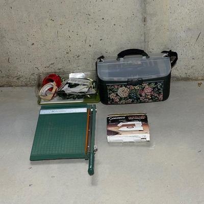 SEWING BASKET FULL OF NOTIONS AND CRAFT SUPPLIES PLUS A PAPER CUTTER