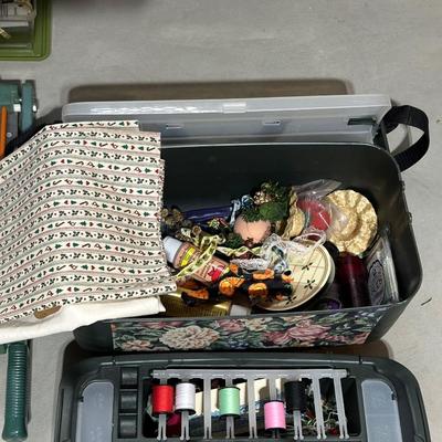 SEWING BASKET FULL OF NOTIONS AND CRAFT SUPPLIES PLUS A PAPER CUTTER