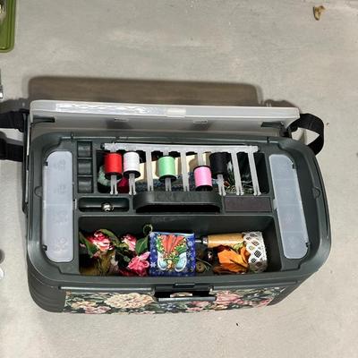 SEWING BASKET FULL OF NOTIONS AND CRAFT SUPPLIES PLUS A PAPER CUTTER