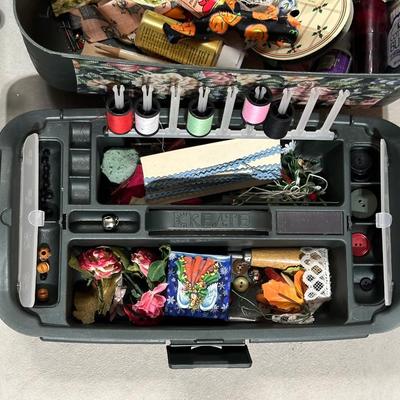 SEWING BASKET FULL OF NOTIONS AND CRAFT SUPPLIES PLUS A PAPER CUTTER