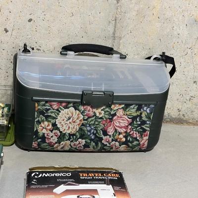 SEWING BASKET FULL OF NOTIONS AND CRAFT SUPPLIES PLUS A PAPER CUTTER