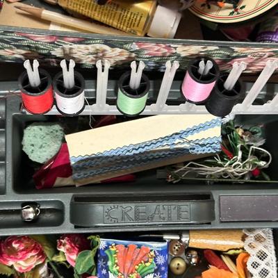 SEWING BASKET FULL OF NOTIONS AND CRAFT SUPPLIES PLUS A PAPER CUTTER