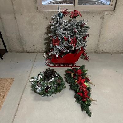 CHRISTMAS GREENERY IN A SLEIGH, SWAG AND WREATH