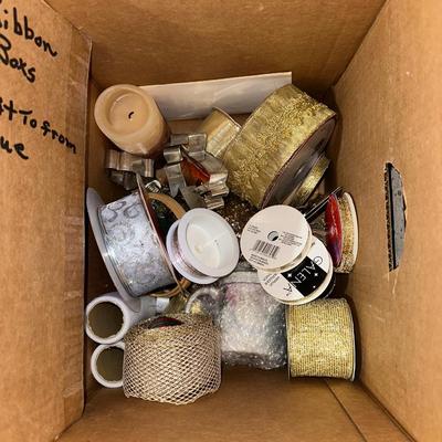 VARIETY OF CRAFTING SUPPLIES AND ROLLS OF RIBBON