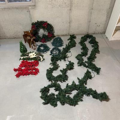 CHRISTMAS WREATH & GREENERY PLUS WOODEN REINDEER AND LIGHTS
