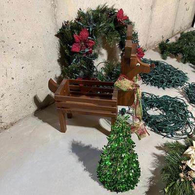 CHRISTMAS WREATH & GREENERY PLUS WOODEN REINDEER AND LIGHTS