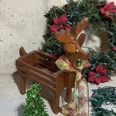 CHRISTMAS WREATH & GREENERY PLUS WOODEN REINDEER AND LIGHTS